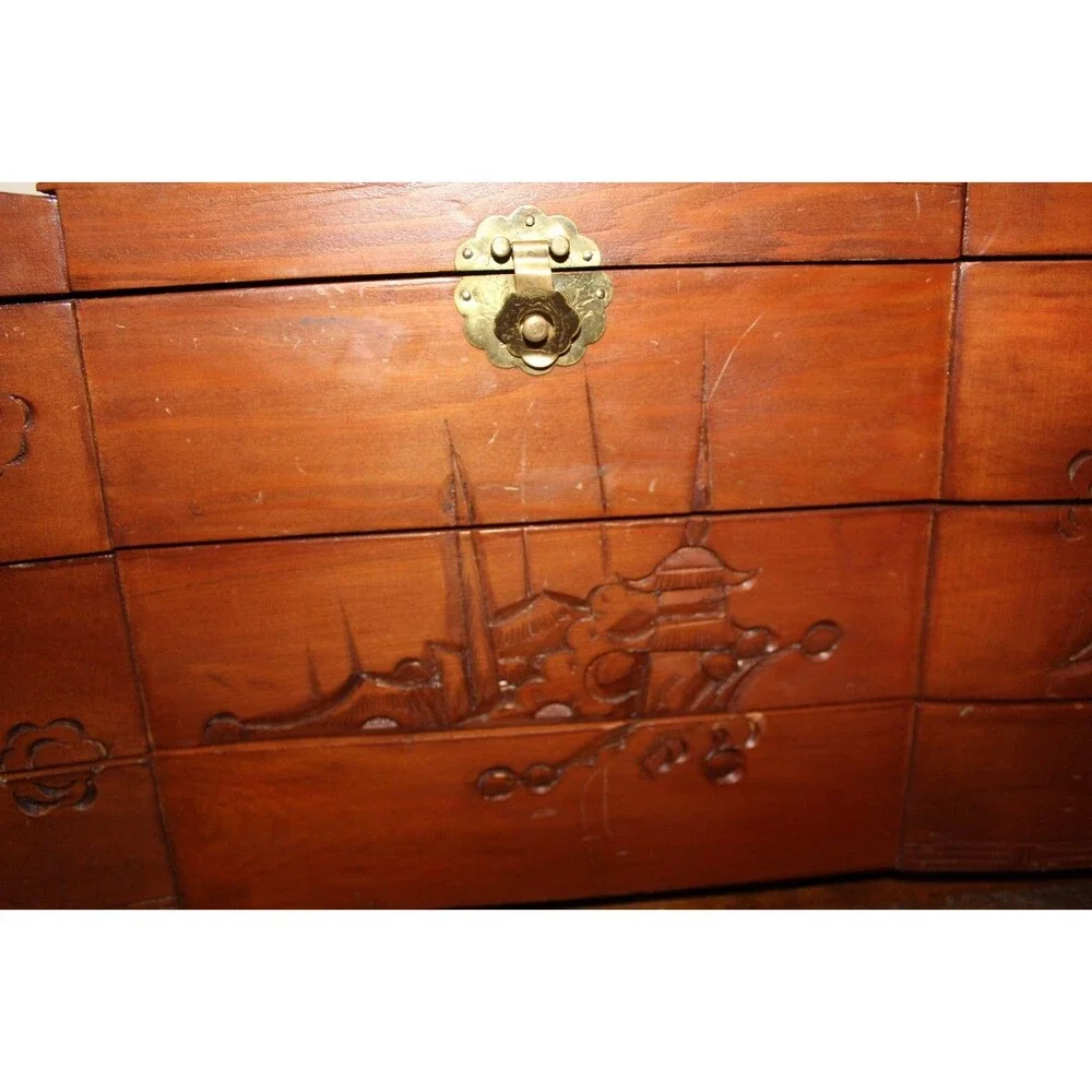 Vintage Asian Wood Carved Large Jewelry Box Dragon Red Velvet Lining SEE NOTE